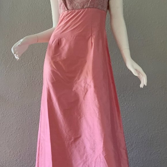 NOS Vintage WEDDING Pink SILK Empire Bridal DAMASK Formal Prom Dress XS - Picture 5 of 11